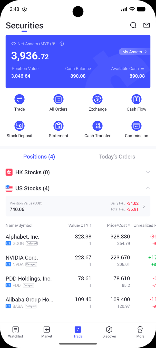 CapForce EC app showing an account overview with US stock positions
