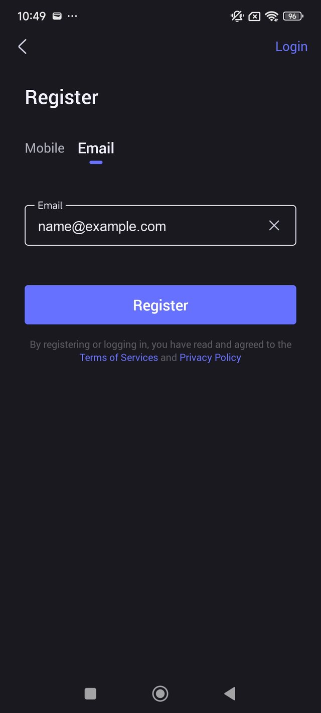 Registration screen asking for an email address